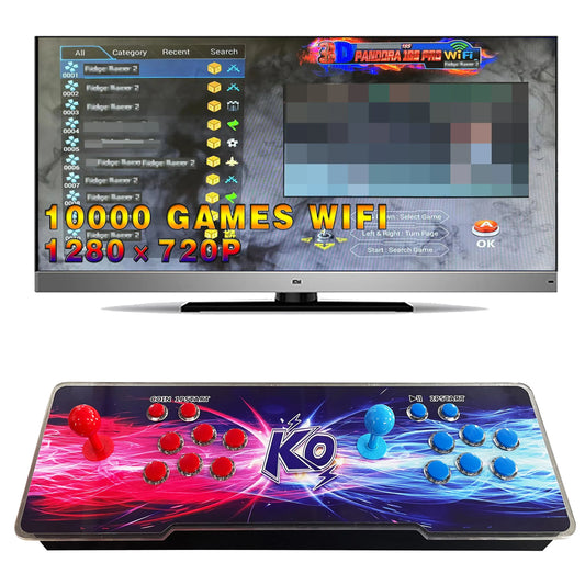 Arcade gaming console with dual controllers and on-screen selection of 10,000 WiFi-enabled games in 1280x720p resolution.